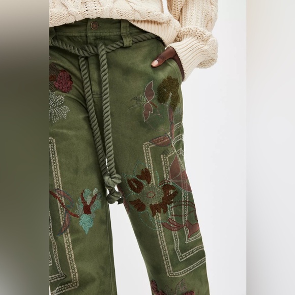NWT Free People We The Free Electric Sands Embroidered Pants in Green - Picture 2 of 10